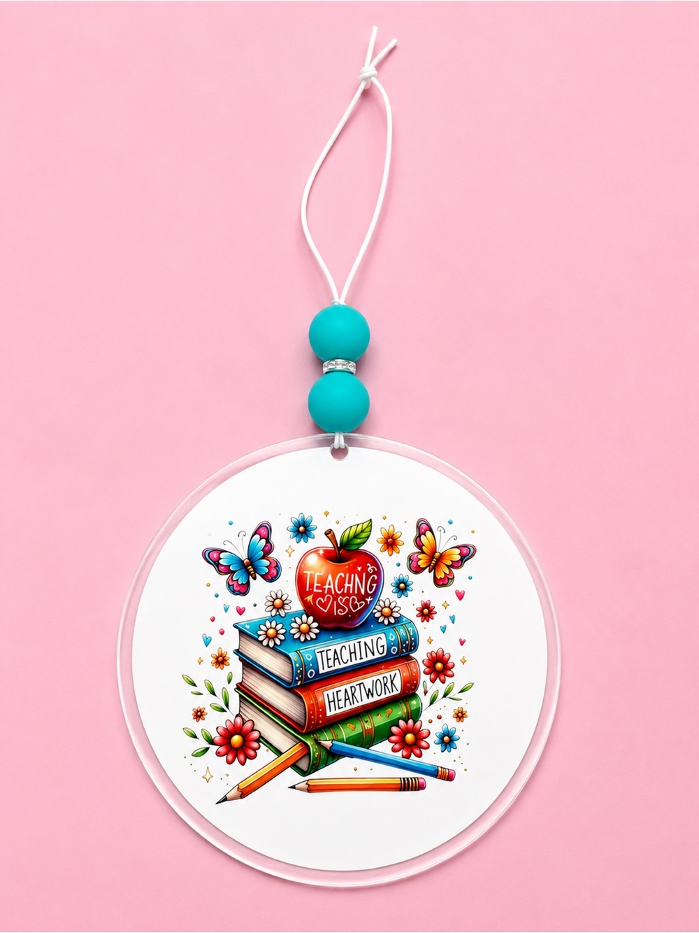 Teacher Appreciation Round Hanging Car Ornament - Teal & Multicolor 4in
